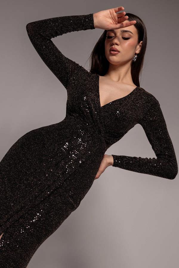 Glitter Lurex Long Sleeve Wrap Maxi Dress - Black DR4917
