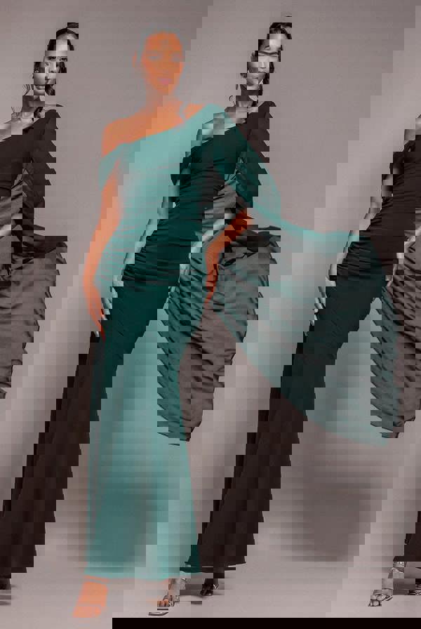 One Shoulder Cape Scuba & Chiffon Maxi Dress - Emerald Green DR4899