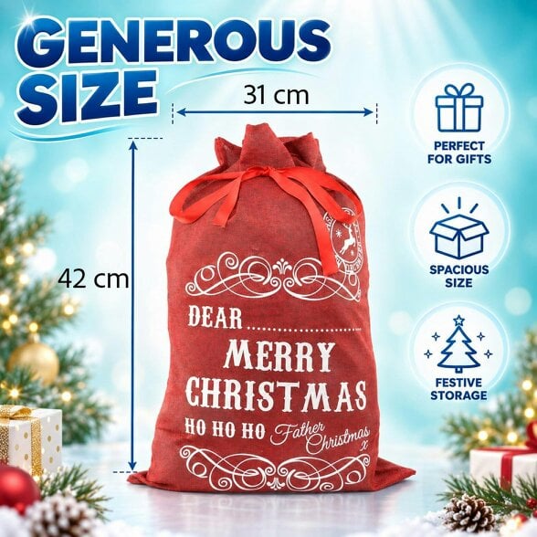 Shatchi 31cm Red Christmas Gift Sack with Ribbon Tie for Personalised Festive Present Wrapping
