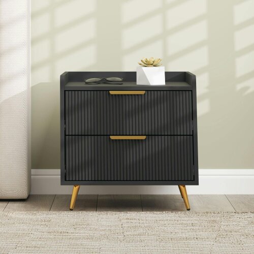 Wyld Haus Vevele Black Elegant 2 Drawer Ribbed Bedside Table with Gold Accents