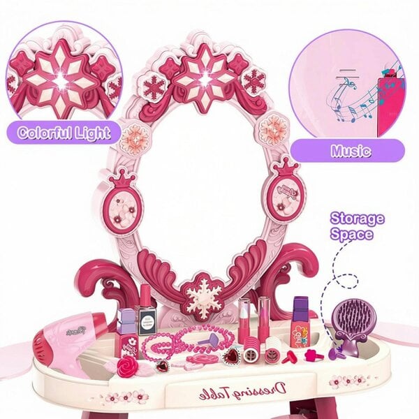 deAO Toys Childrens Dressing Table Play Set Vanity Table with Chair, Jewellery Stand, Brushes & Accessories Portable Carrycase
