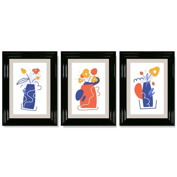 Boho Minimal Floral Blue Orange Set of 3 Framed Art Prints with Glossy Black Frames