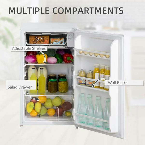 Open door interior of a white mini fridge with adjustable shelves, wall racks, and salad drawer.
