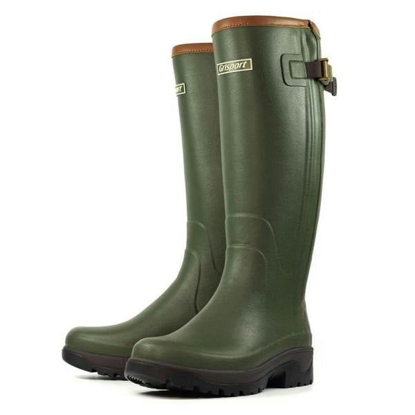Grisport GriSport Delta Mens/Womens Zip Up Neoprene Fishing Hunting Farm Wellies Boots, green rubber knee-high waterproof boots with brown trim and side buckle for fishing, hunting, and farm activities.