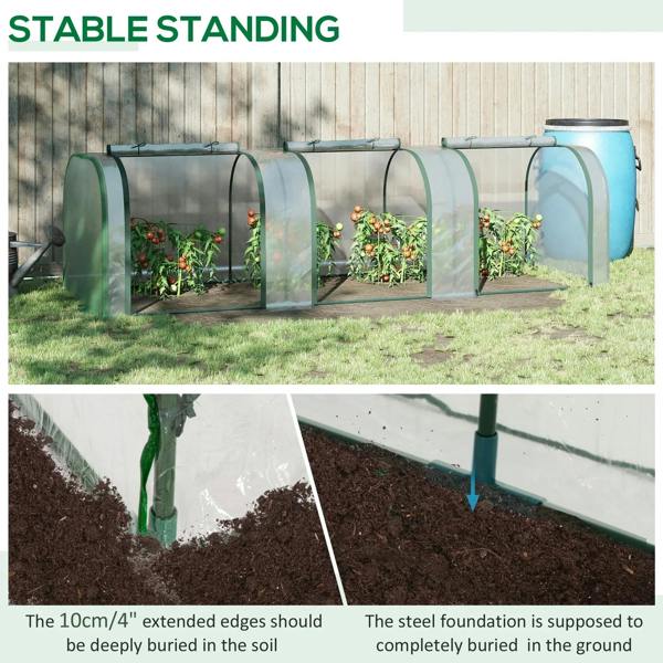 Clear PVC tunnel greenhouse with green steel frame, raised base and arched end panels