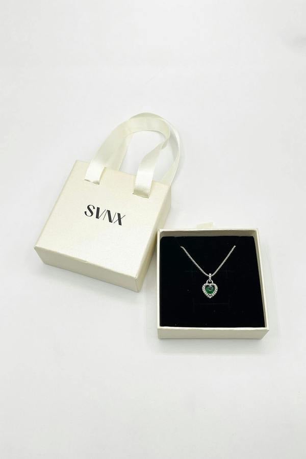 SVNX Emerald Green Diamante Heart Necklace in Silver - Gift Boxed