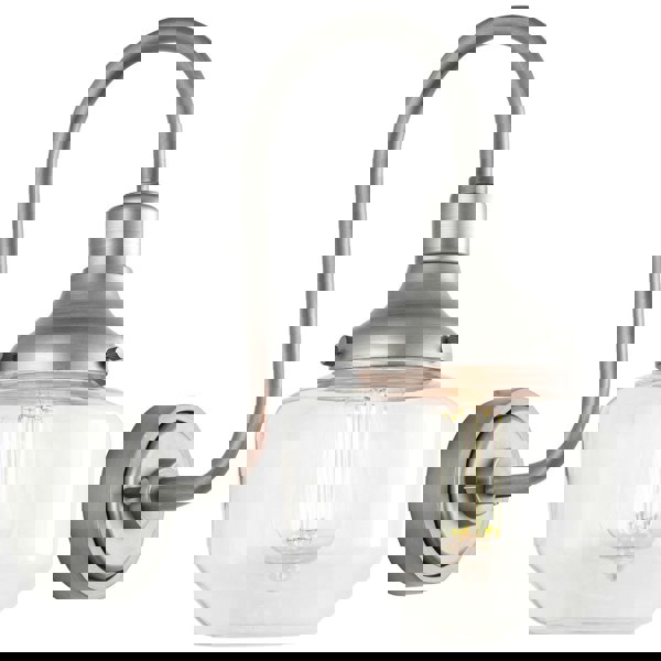 IP44 Outdoor Wall Light - Brushed Slilver Swan Neck Lamp - Clear Glass Shaped Shade - Garage Porch