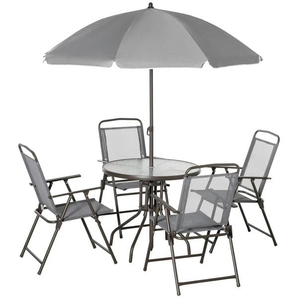 Grey outdoor dining set with round tempered glass table, umbrella, and four folding chairs