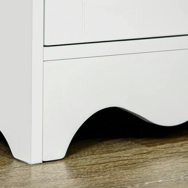 White cabinet base with curved scalloped skirt and bottom feet