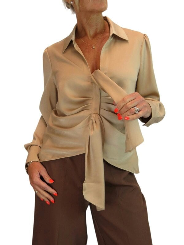 Paulo Due Women's Long Sleeve Tie Front Satin Blouse Shirt