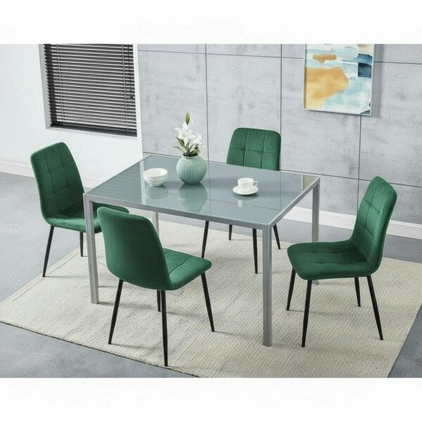 Kosy Koala Modern Grey Glass Dining Table Set with 4 Green Velvet Chairs Dining Room Furniture