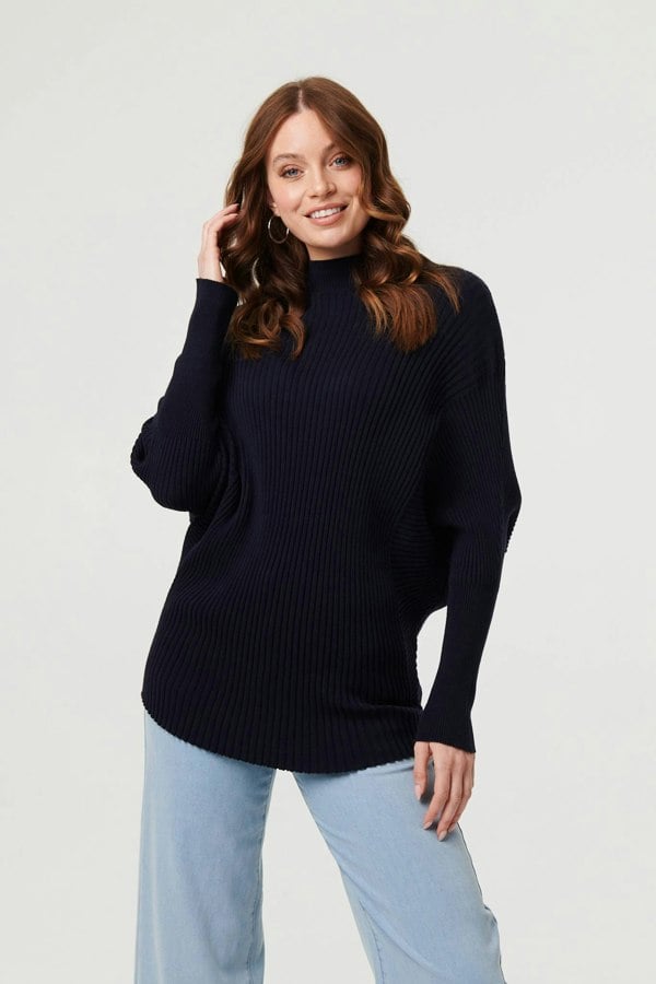 Navy | Striped Texture Batwing Sleeve Jumper
