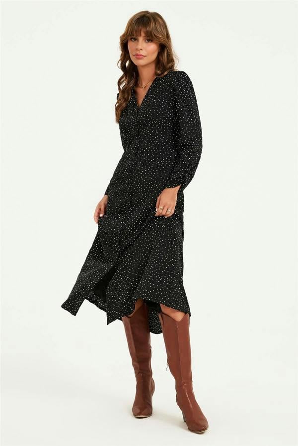 FS Collection Dot Print Long Sleeve Button Front Midi Dress In Black