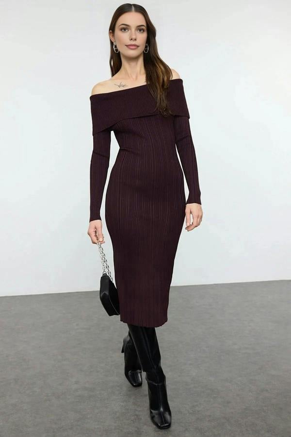 WOVCOR Midi Knit Basic Carmen Collar Dress