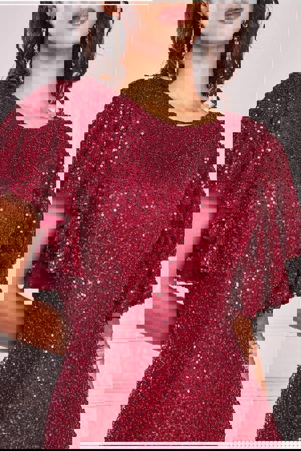 Sequin Flutter Sleeve Maxi - Wine DR4021