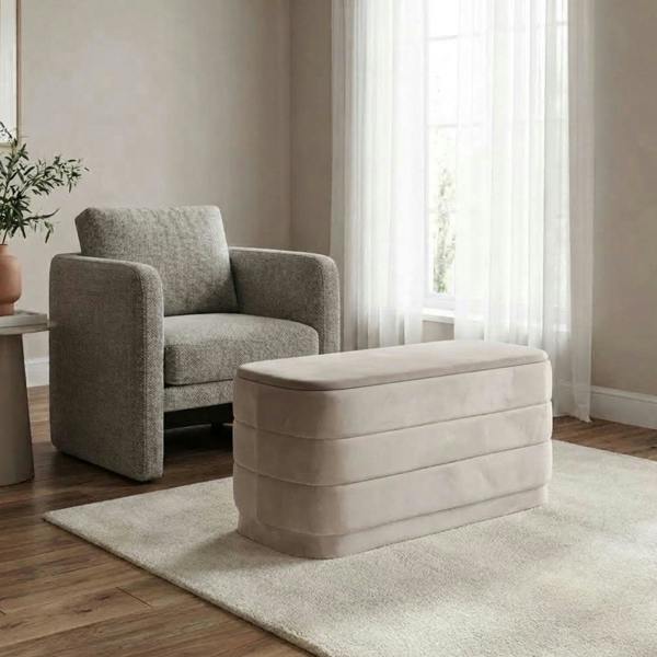 Garden Greatness Ivory Velvet Storage Ottoman with Tray Top