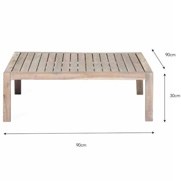 Diagram showing the dimensions of the Cotswold Heritage square coffee table: 90cm width, 90cm depth, and 30cm height.