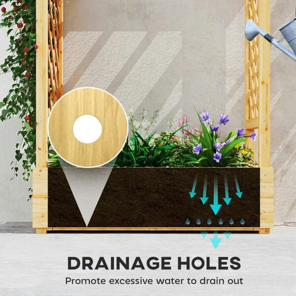 Bobobiy Garden Planter with Trellis, Wooden Raised Bed with Hanging Roof and Drainage Holes, 110 x 44 x 113 cm, Natural