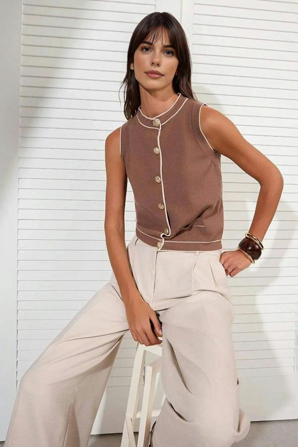 WOVCOR Crew Neck Color Block Knit Thin Blouse