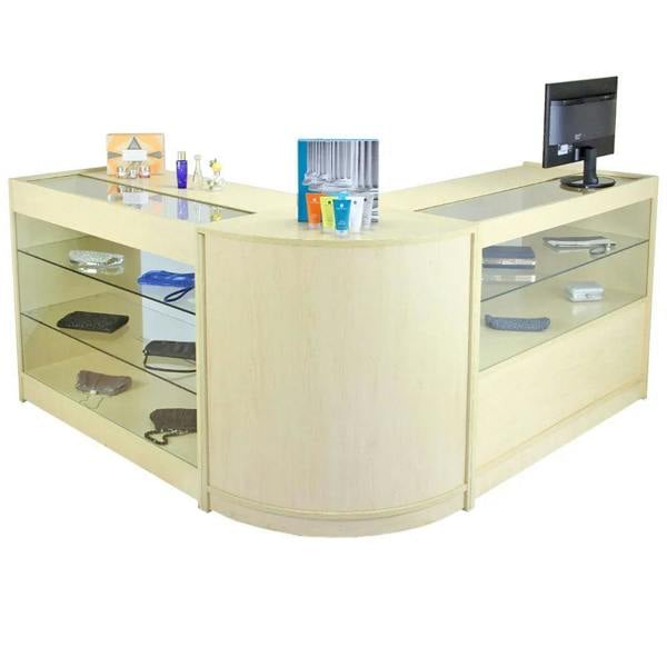 Stylish maple wood retail display counter with glass shelves, featuring a modern design and ample space for merchandise and a monitor
