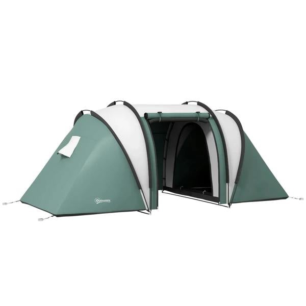 Two-room dark green tent with white side panels and front entrance opening