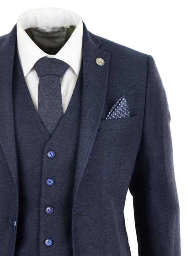 TruClothing Mens 3 Piece Navy Blue Wool Tweed Vintage Retro Suit