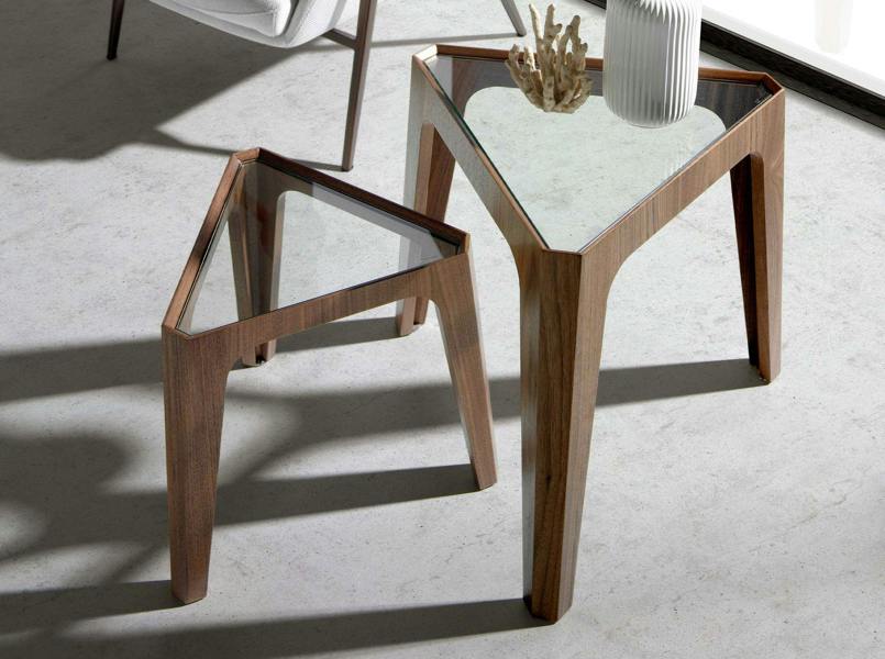 Angel Cerdá Triangular Corner Table in Tempered Glass and Walnut 2106