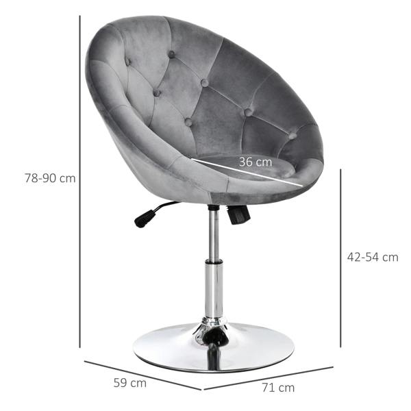 Grey velvet-look swivel dressing stool with button tufted back and chrome round base