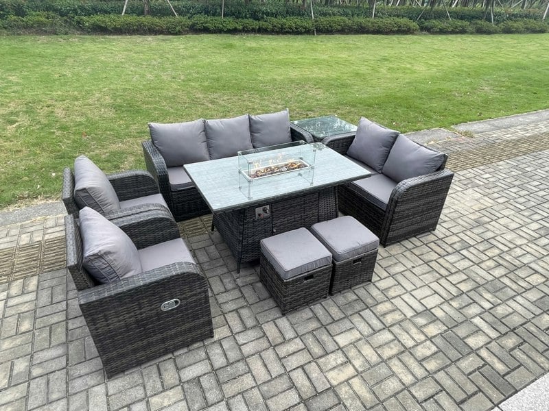Fimous 9 Seater PE Wicker Outdoor Rattan Garden Furniture Set Propane Gas Fire Pit Table and Sofa Chair set with Side Table 2 Small Footstools