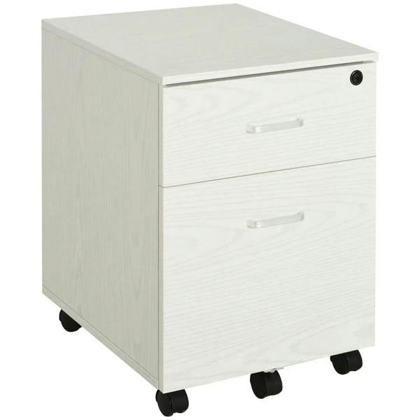 White woodgrain 2-drawer locking office filing cabinet on 5 wheels