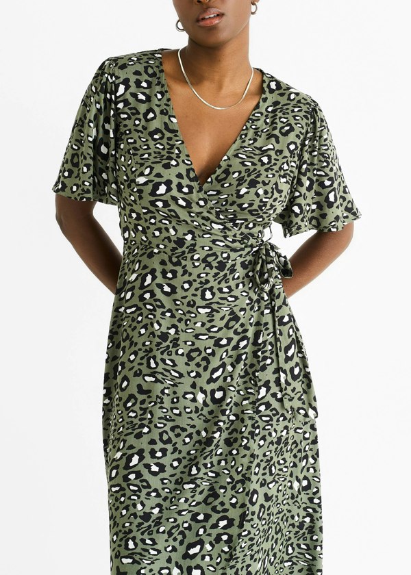 Gini London Khaki Animal Print Viscose Wrap Midi Dress