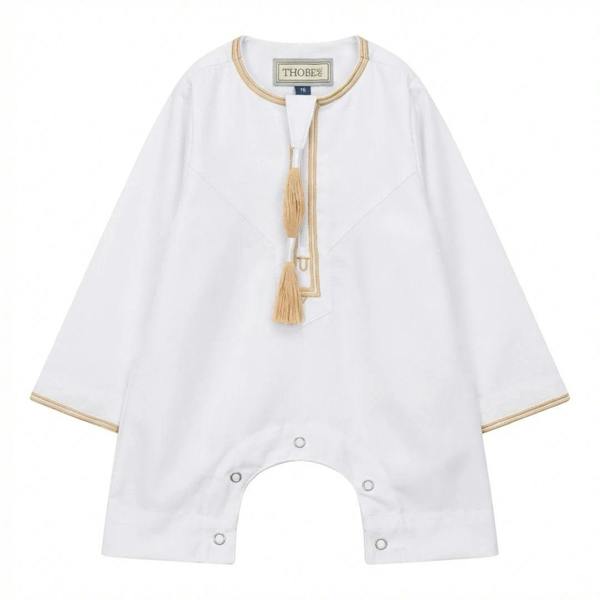 TT-003 - Baby Toddler Emirati Omani Gold Tassel Romper Thobe - White - Thobez - 4