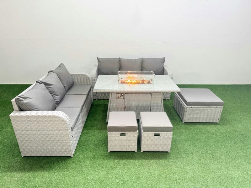 Fimous Outdoor Garden Furniture Sets 9 Seater Wicker Rattan Furniture Sofa Sets with Fire Pit Dining Table high Back Lounge Sofa 3 Stools Light Grey