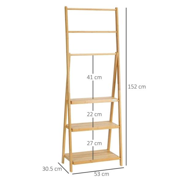 Bamboo towel rack with 3 bars and 3 shelves, shown with height and width measurements