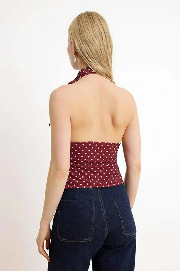 WOVCOR Polka Dot Fitted Halter Neck Tulle Knit Blouse with Scarf