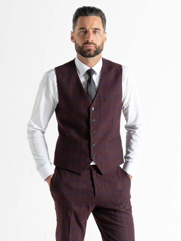V2 Classic Kensignton Three Piece Suit - Soft Plum Tweed With Blue Checks
