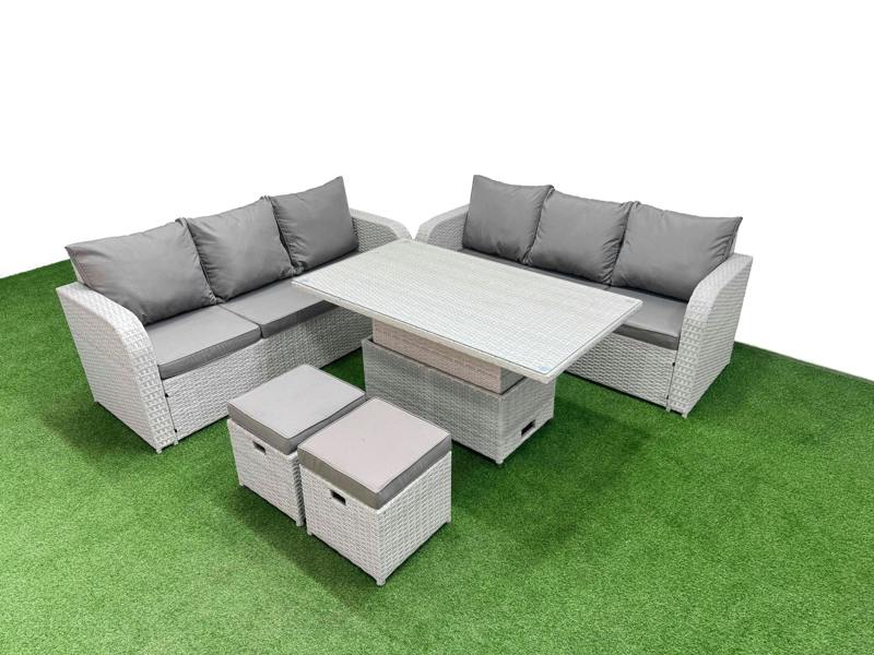 Fimous 8 Seater Outdoor Furniture Set, Wicker Rattan, Adj Height Table, High Back Lounge Sofa and Stools, Light Grey