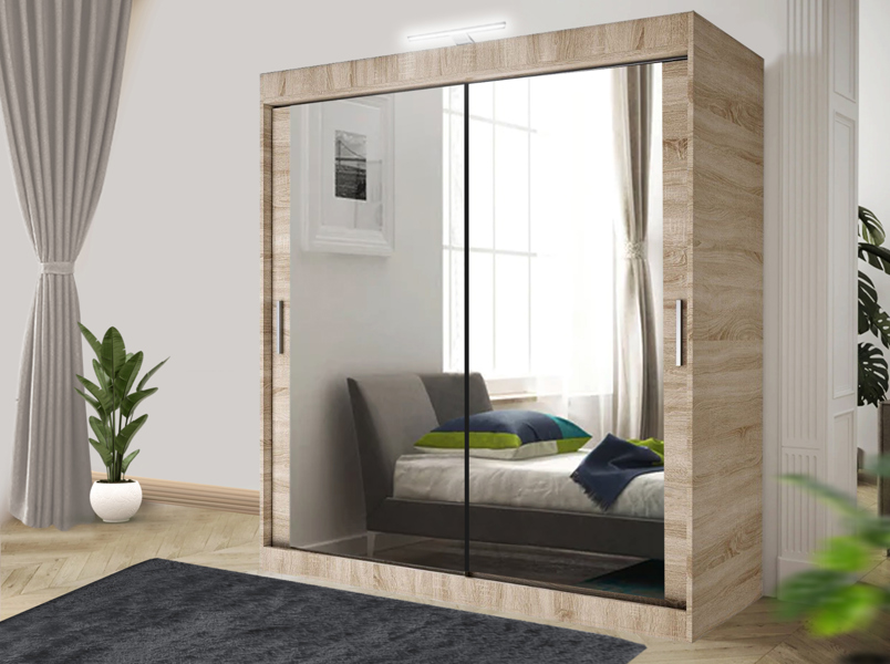 RAC3 Stylish Bedroom Sliding Wardrobe with LED Light -  comes in White/Grey/Black/Oak and Width 100cm/120cm/150cm/180cm/203cm/250cm (Black, 100cm)