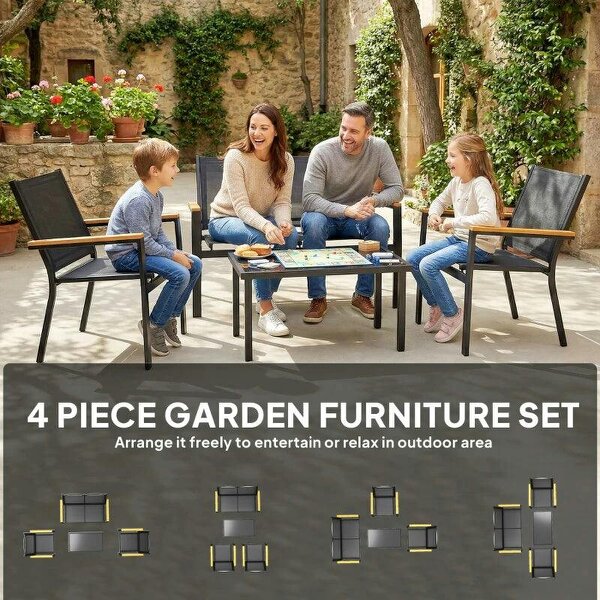 Outdoor Sofa 4 Seater Garden Sofa Set with Loveseat 2 Chairs and Coffee Table Black
