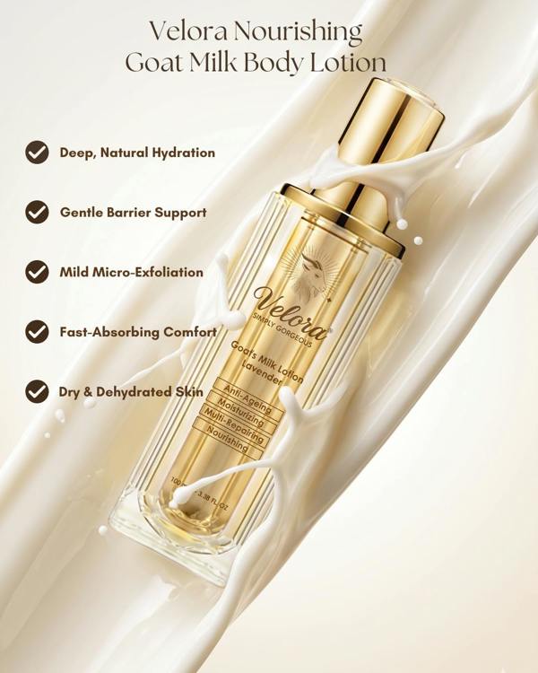 Velora Goat’s Milk Lotion that helps the skin with deep hydration, acts as a gentle barrier support, mild micro-exfoliation, fast absorption, and care for dry or dehydrated skin.
