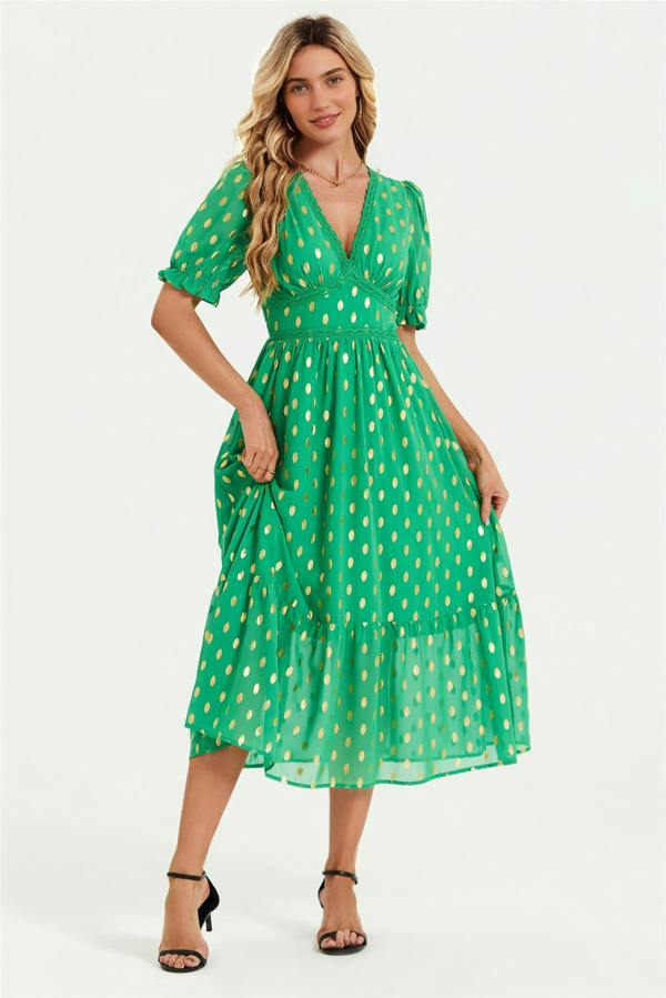 FS Collection Lace Trim Foil Midi Dress In Green