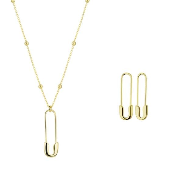 Gold safety pin necklace and earrings on a white background