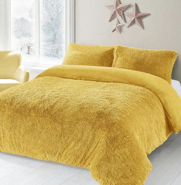 Night Zone Alaska Cuddles Long Fur Teddy Fleece Duvet Cover Set – Warm Bedding with Pillowcases - Ochre