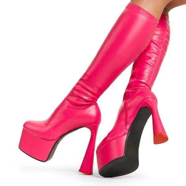 Lamoda Knee High Boots Talk Round Toe Platform Heart Heels Fuchsia, Cute Boots