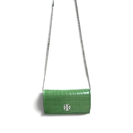Tory Burch Willa Embossed Chain Wallet Palm Green