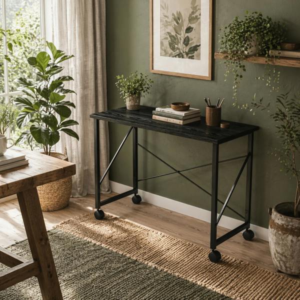 Wyld Haus Ziyozi 80cm Metal and Wood Black Folding Desk On Lockable Wheels