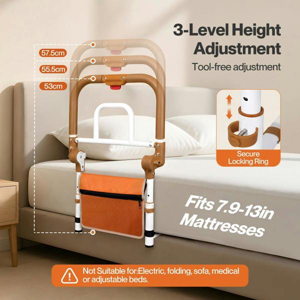 Levede Bed Rail Foldable 2 Handle Adjustable Height Non-Slip Grip Pocket Orange