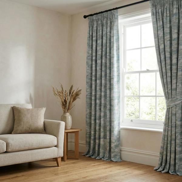 Tasa made-to-measure curtains in Seaglass, styled in a living room