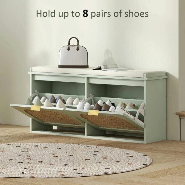 Boho Shoe Bench with Padded Seat and 2 Flip-Drawers - Light Green