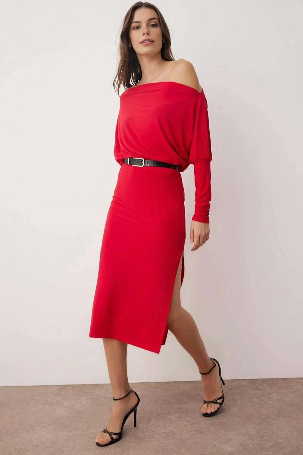 WOVCOR Asymmetrical Collar Stretchy Midi Knit Dress